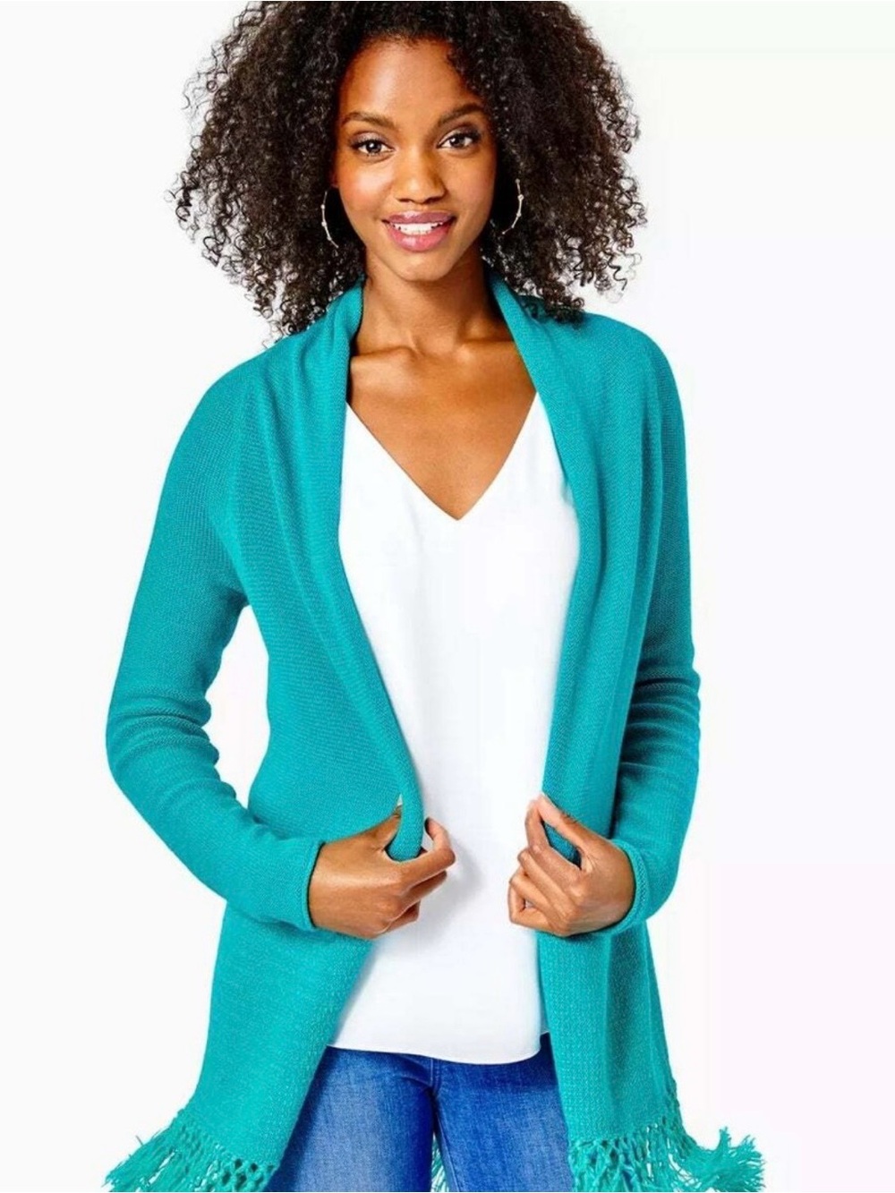 Lilly Pulitzer Maldives Green Open-Front Fringe Sweater Cardigan